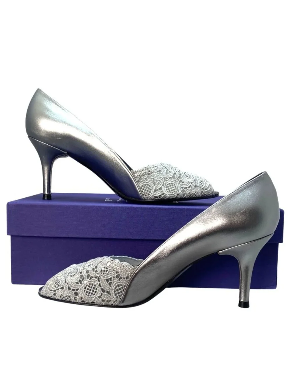 Stuart Weitzman Chantell Aluminum Silver Leather Chantilly Lace Peep Pumps 7.5M